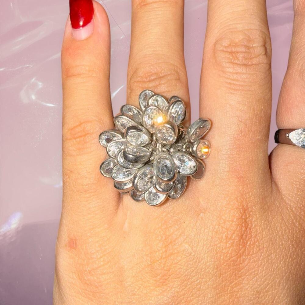 Y2K 925 Sterling Silver pear tear shape crystal fringe ring fairy core statement